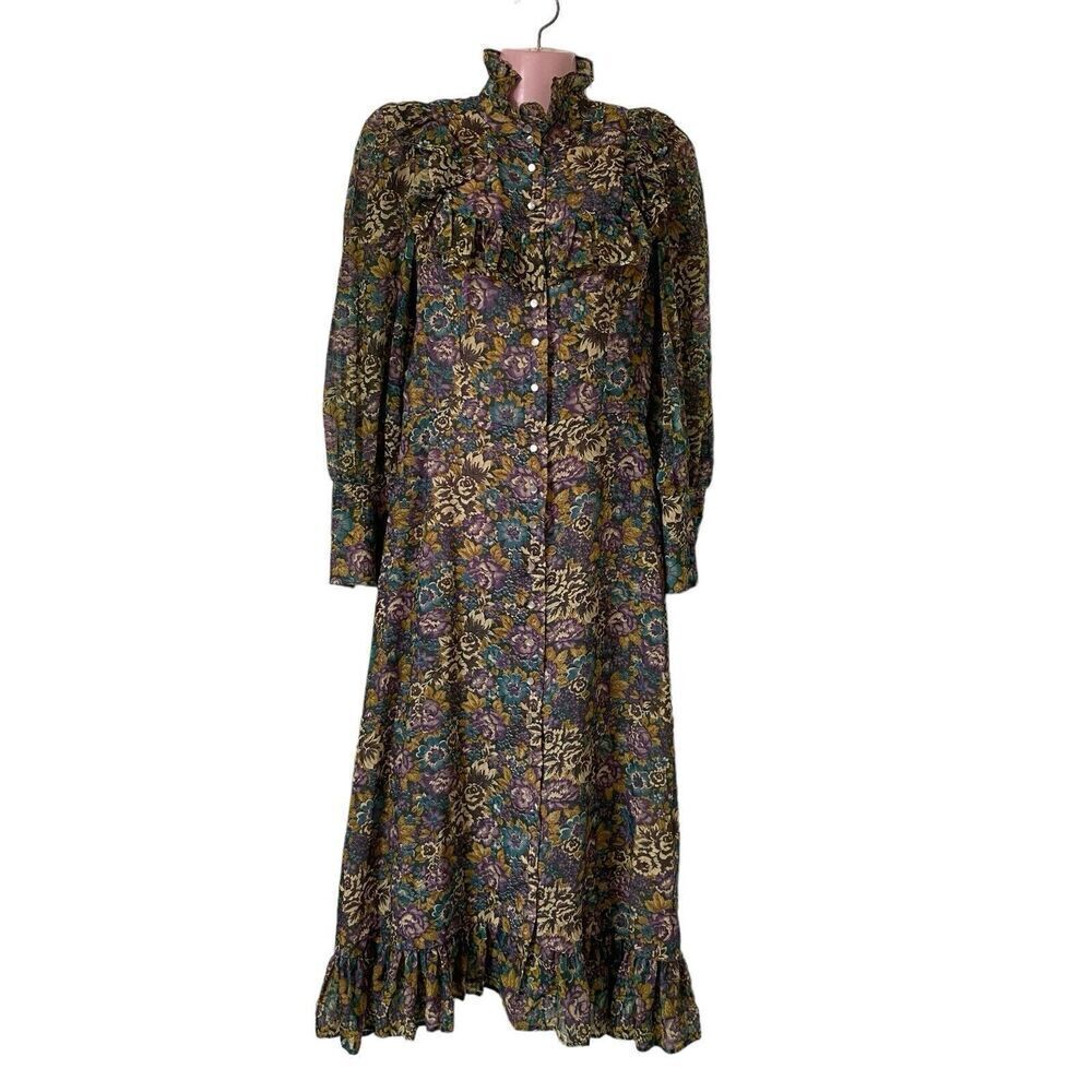 Vintage 70s Dress Women's Medium Jr Petite Floral Cottage Core Prairie Ruffles